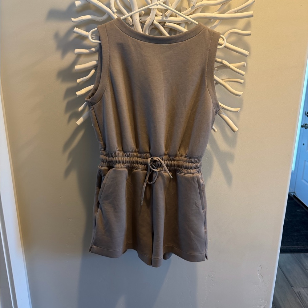 Abercrombie & Fitch Sleeveless Drawstring Romper in Taupe